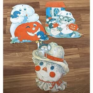 3 Vintage Halloween Flocked Die Cut Decor Ghost Pumpkin Scarecrow Mice Crow SOFT